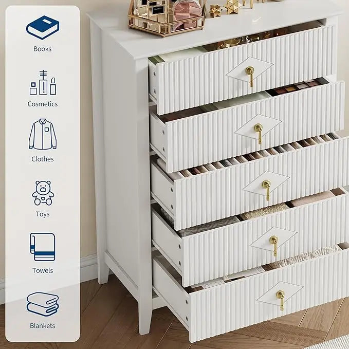 HiMISS Fluted Five Drawer Dresser Modern Wood Chest