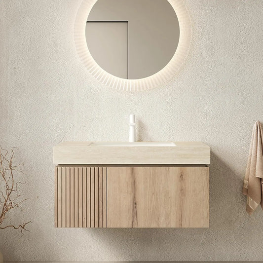 Wall Mounted Bathroom Vanity With Ceramic Basin And Travertine Countertop