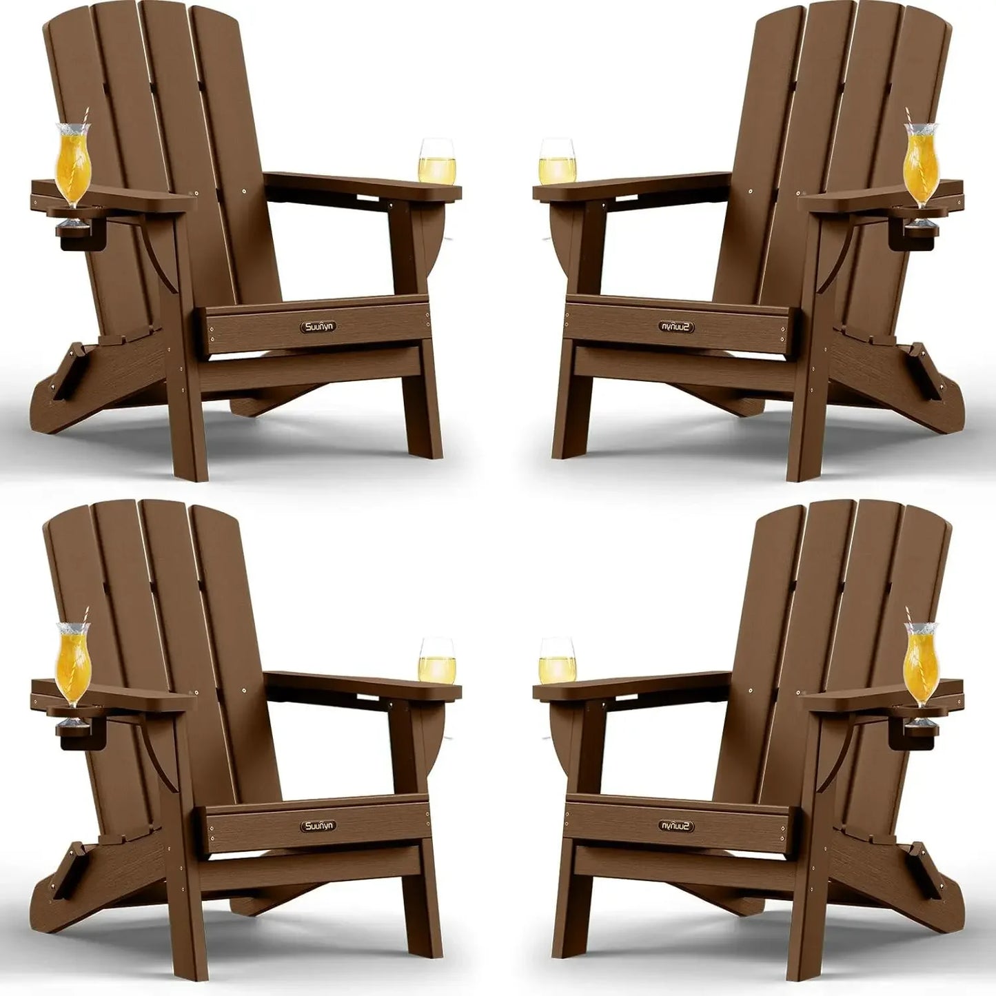 Folding Adirondack Chairs 4 Pack All Weather HDPE With Cupholders