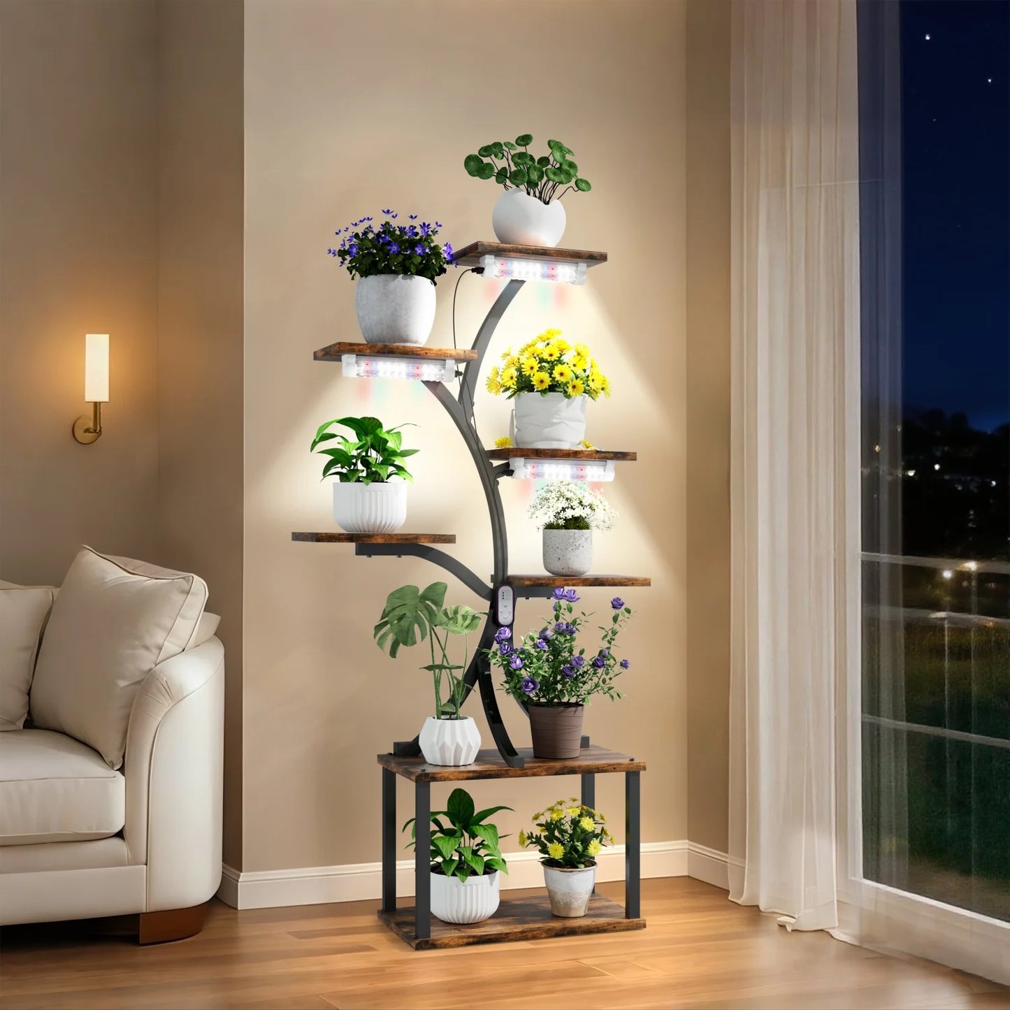 Metal 7-Tier Tree Shaped Plant Stand With Lights Indoor Outdoor
