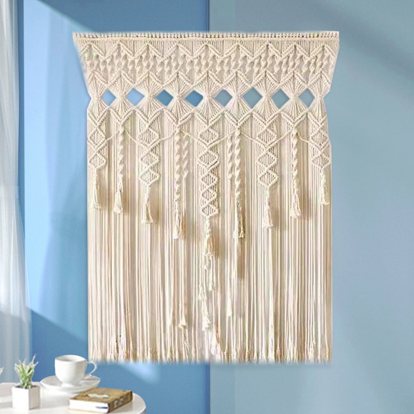 Bymaocar Boho Macrame Curtain Beige Hand Woven Living Room Decor