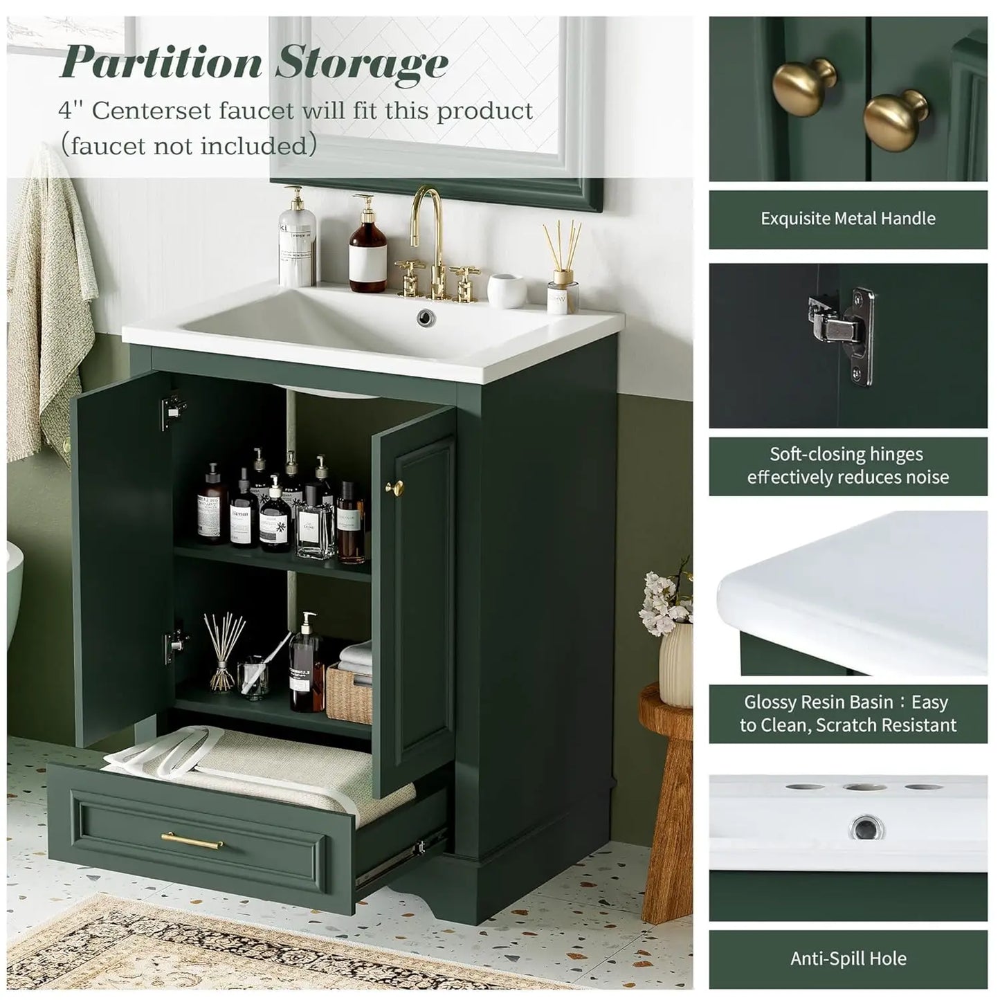 Wood Bathroom Vanity Cabinet With Ceramic Sink And Adjustable Shelf